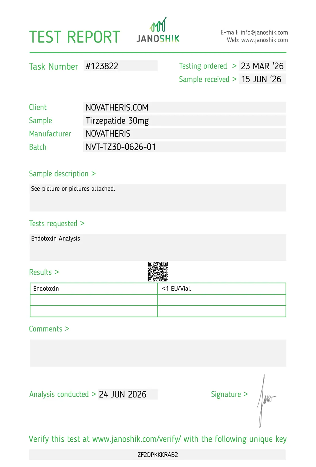 Endotoxinas de 30 mg, Janoshik #123822