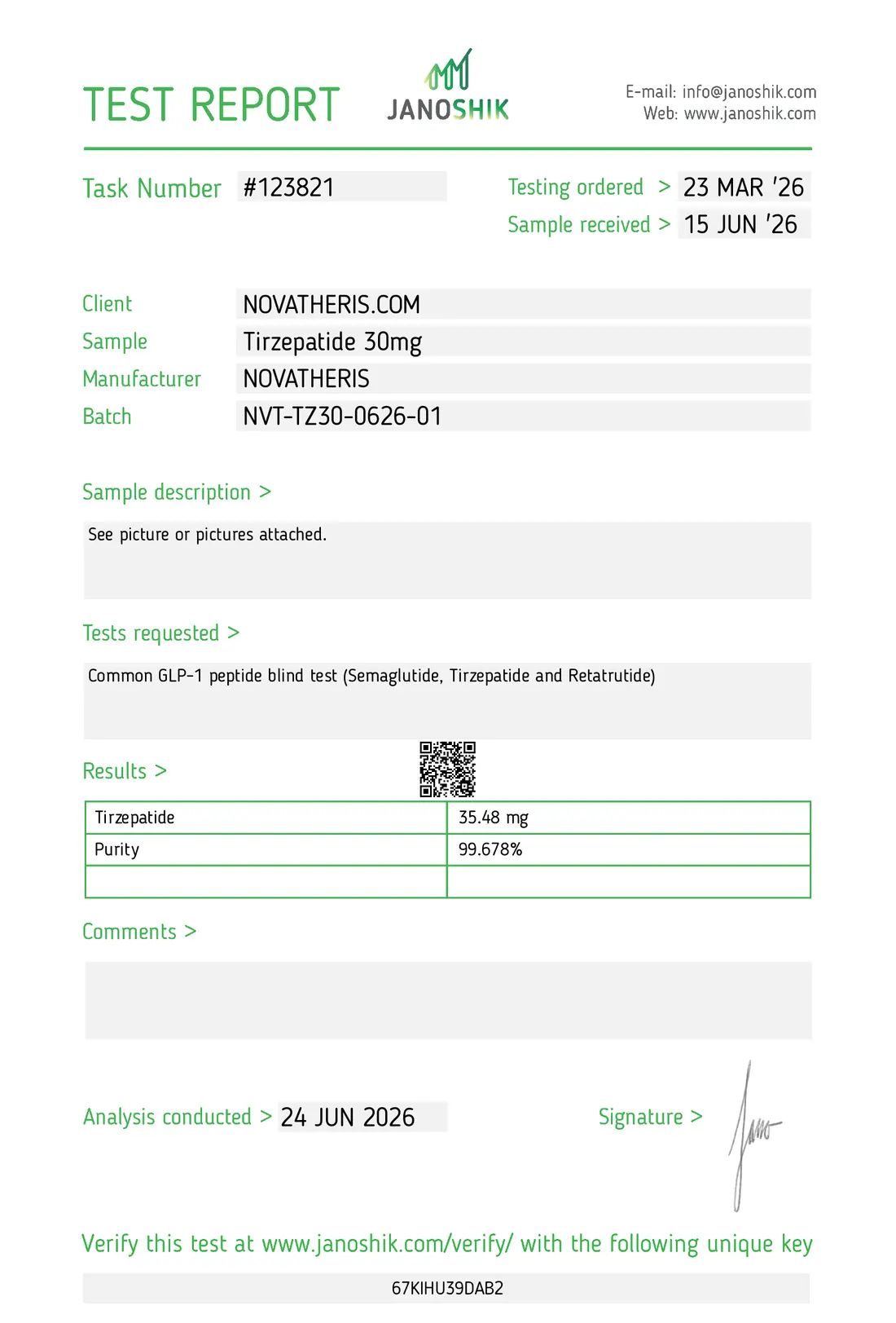 Pureza de 30 mg, Janoshik #123821